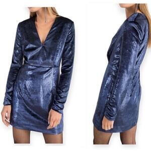 & Other Stories | Velvet Long Sleeve Mini Dress V-neck Shimmer Metallic Blue 6